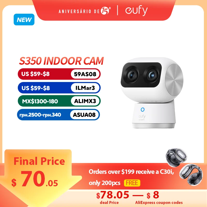 eufy Security Indoor Cam S350 Dual Cameras 4K 8MP Baby Security Camera 8× Zoom 360° PTZ Human/Pet AI Wifi Surveillance Cam