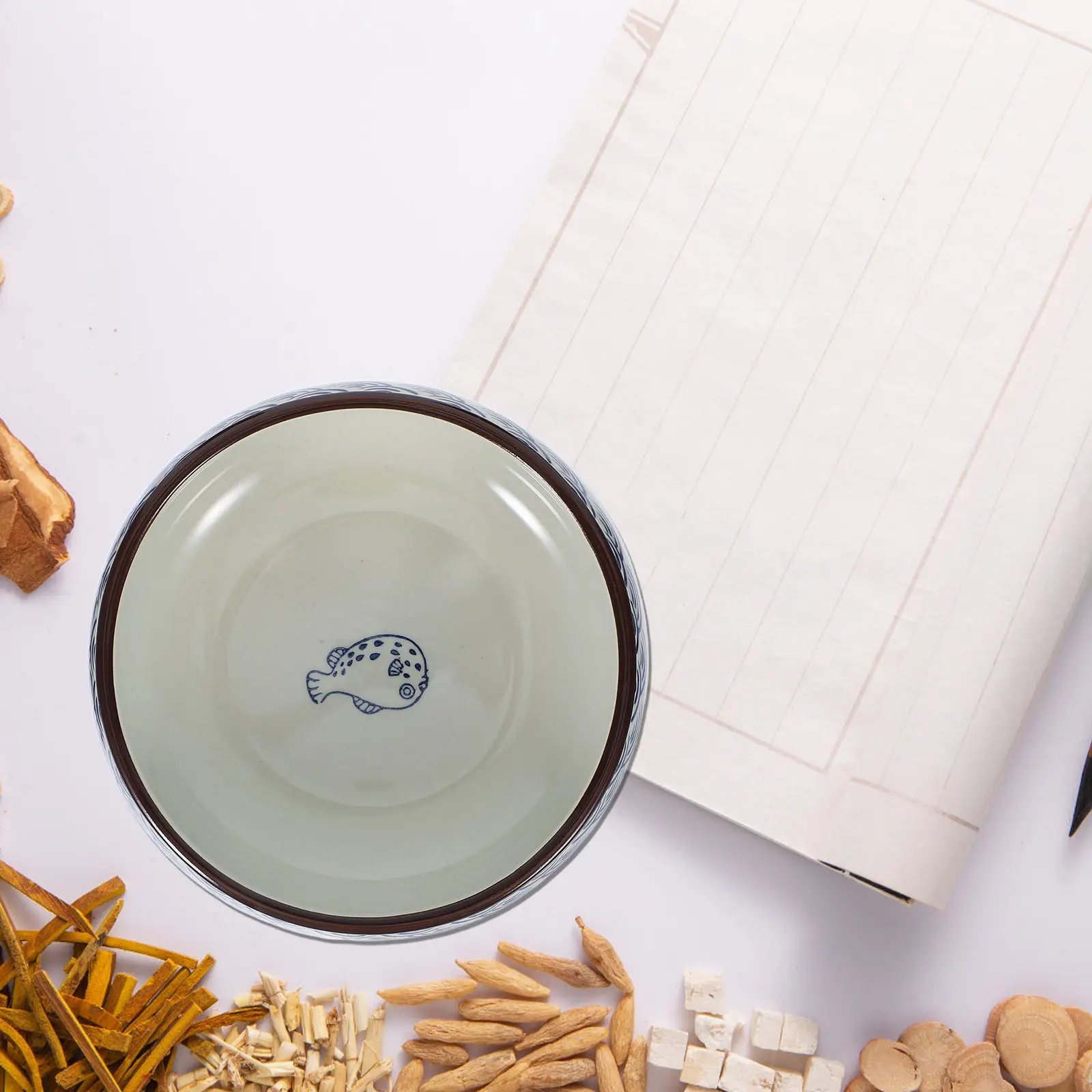 Hand-Painted Ceramic Ink Dish Brush Washer for Chinese Japanese Calligraphy Practice Shallow Round Fish Design Inkstone Plate