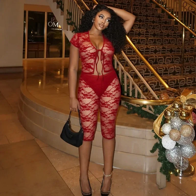 

Leosoxs Sexy Lace Patchwork Two Piece Outfits Woman See Through Short Sleeve Lace Up Crop Tops + Leggings Shorts Clubwear Sets