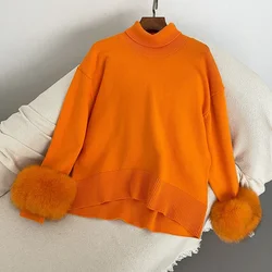 Slim Fit Sweaters Real Fox Fur Coat 2024 Sweater Women Autumn Winter New Fashion Sleeves Natural Fur Knitwear Pull Femme Vintage