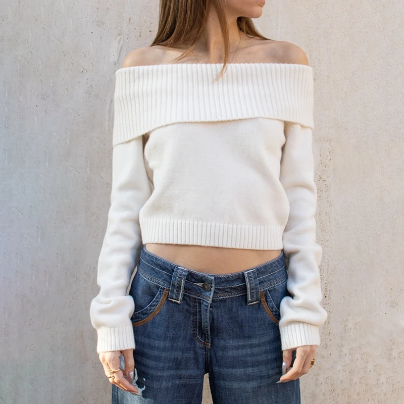 Elegant Off Shoulder Sweater Solid Color Fold Over Long Sleeve Knitwear Crop Tops Woemn Casual Fall Slim Fit Pullover Streetwear