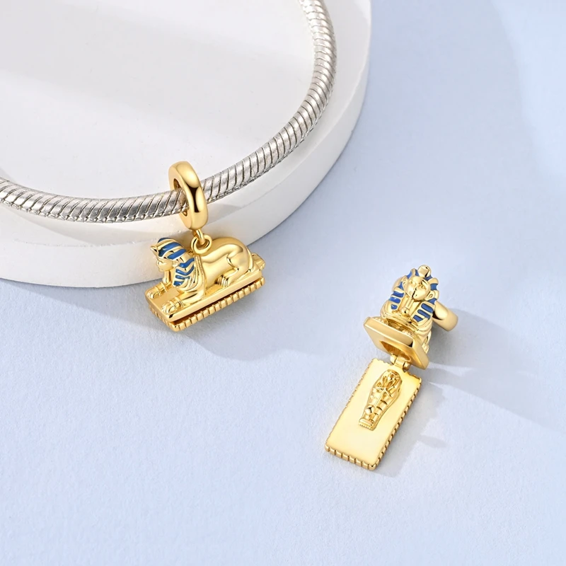 925 Sterling Silver Sphinx Openable Locket Dangle Charm Bead Egyptian Blue Enamel Pendant Bead Fit Bracelet Women Jewelry Gift