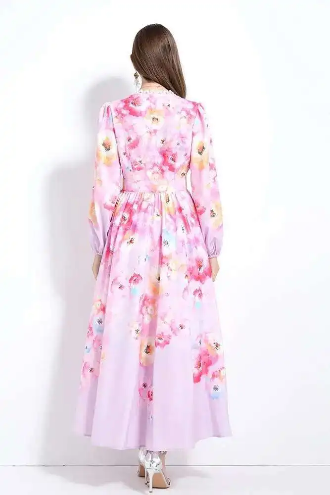 ดอกไม้ชุดยาวผู้หญิงฤดูร้อน 2025 ฤดูใบไม้ผลิเดี่ยวลูกไม้ V คอสายจีบโคมไฟแขนยาวชุด Maxi เสื้อ