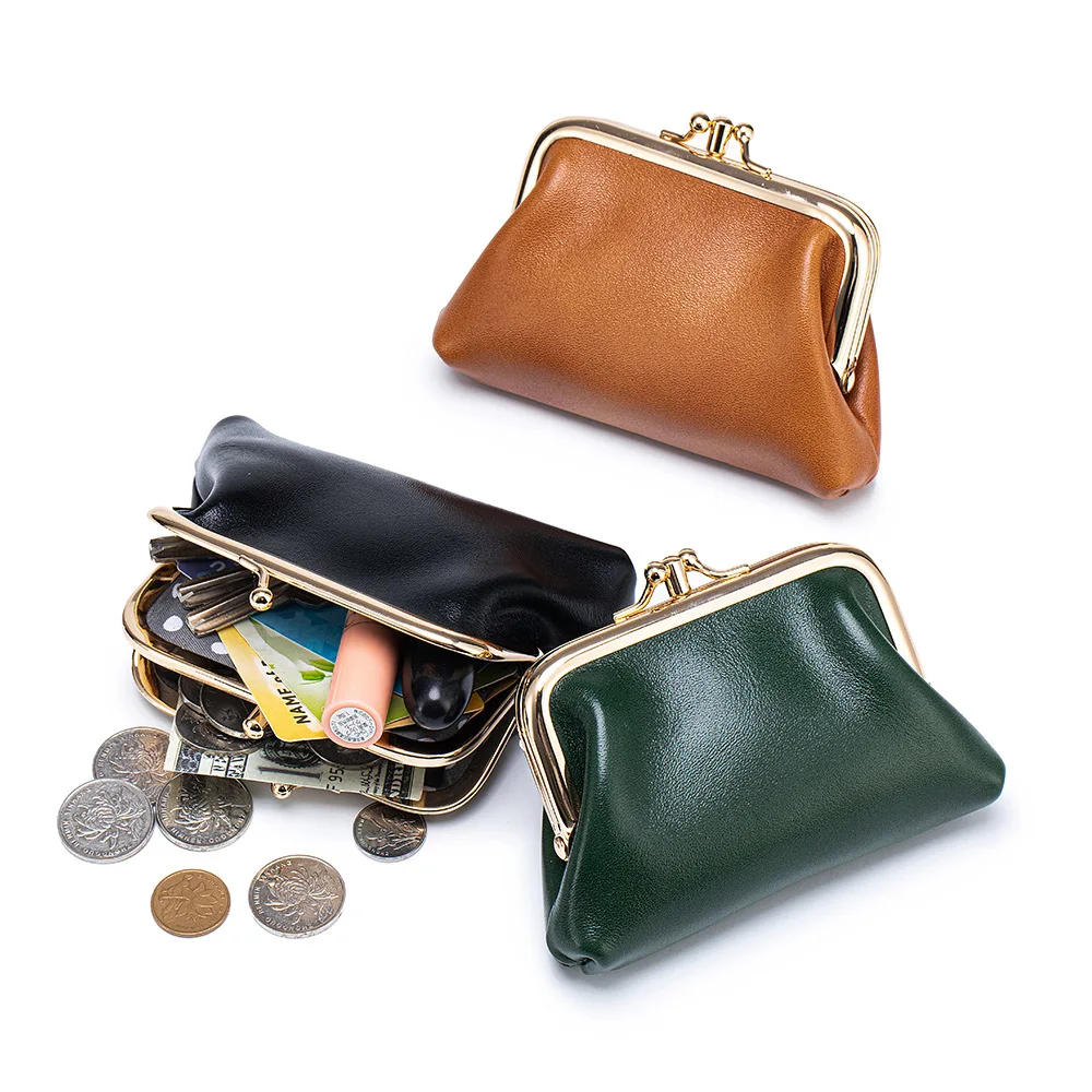 woman wallet Genuine Leather Double-flap Coin Purse Compact Top-layer Oil Wax Leather Coin Storage Bag Fashionable Lipstick Bag