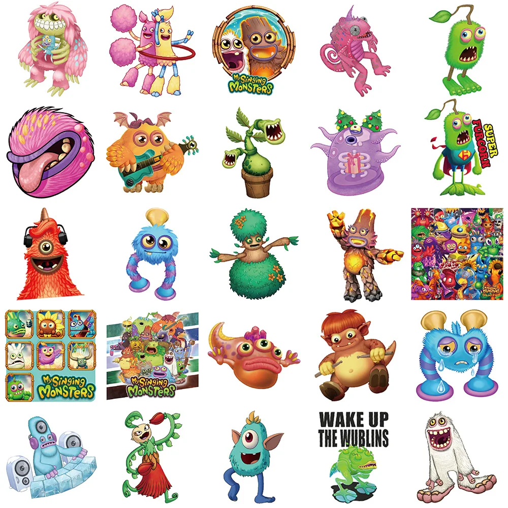 10/50 buah stiker Monster My Singing Game stiker kartun mainan anak ponsel Gitar bagasi Skateboard sepeda DIY stiker grafiti