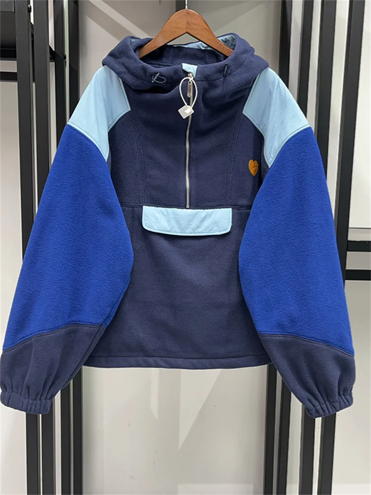 Autumn New Outdoor Sports Women Half Zipper Loose Long Sleeve Warm Color Blocked Hooded Coat
