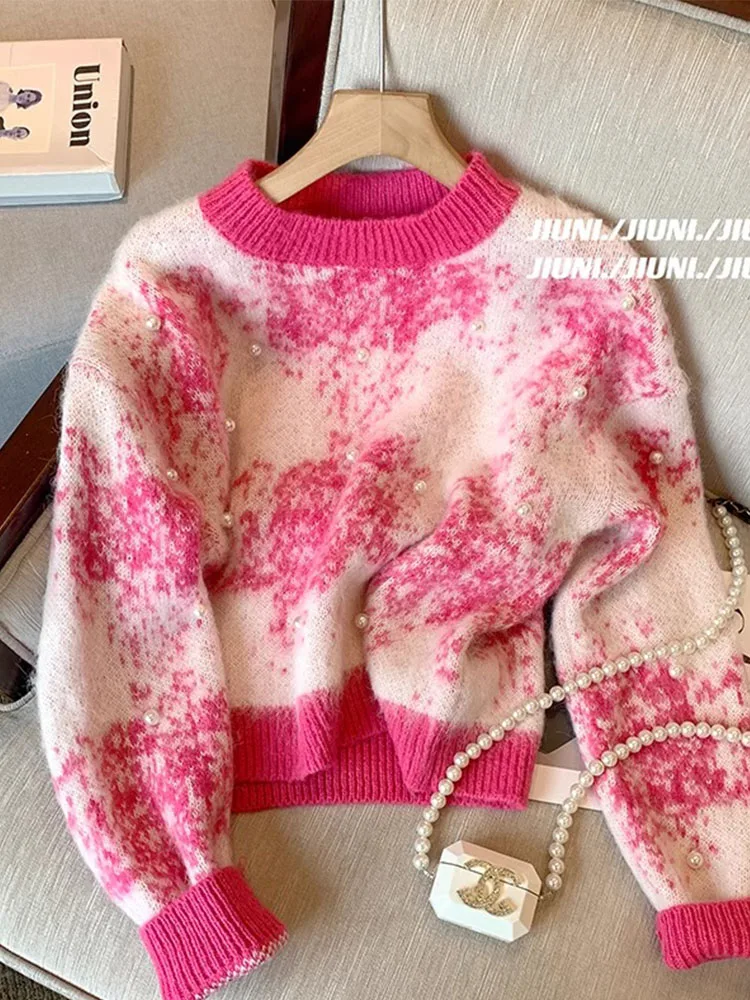 

Harajuku Tie Dyed Knitted Jumper Elegant Women Long Sleeve Autumn Winter Sweet Sweater Korean Chic Pearl Pullovers High Quality