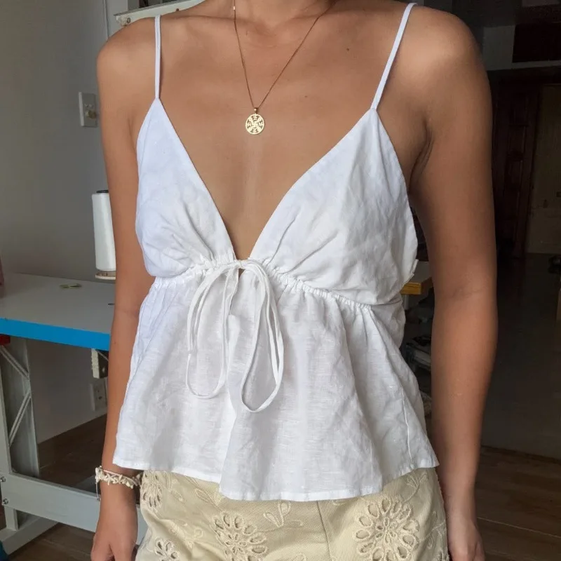 Ticketsx Sexy Backless Sling Top Women's V Neck Lace Up Sleeveless Tank Top Summer Female Fashion New Streetwear Slim Top Women