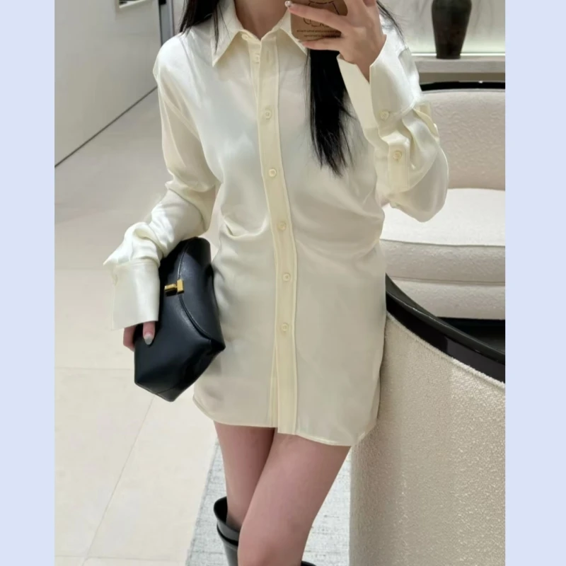 Nordic niche satin women's 25 year early spring new style simple lapel single breasted waist cinched long sleeved top