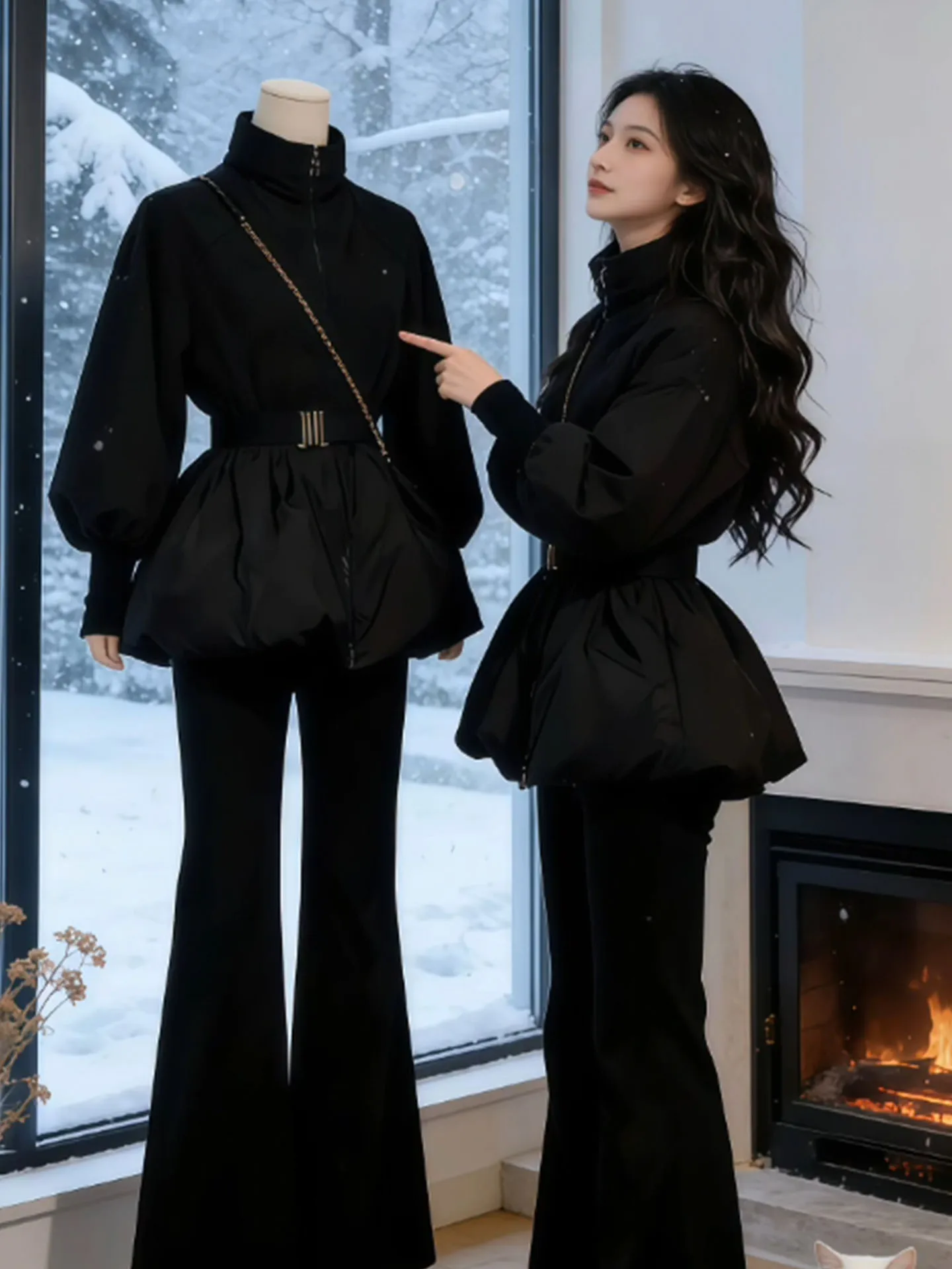 

Корейский женский костюм Thiened Bla с застежкой на талии, зимняя теплая утягивающая верхняя одежда, обычная посадка из полиэфирного волокна