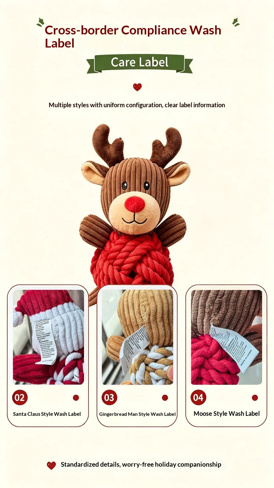 Weihnachtliches Welpen-Kauspielzeug, Baumwollseilball, Plüsch-Quietschspielzeug für Hunde, zur Linderung von Zahnfleischschmerzen und zur Bekämpfung von Langeweile, langlebiges Haustiergeschenk, Hundespielzeug – Detail 5