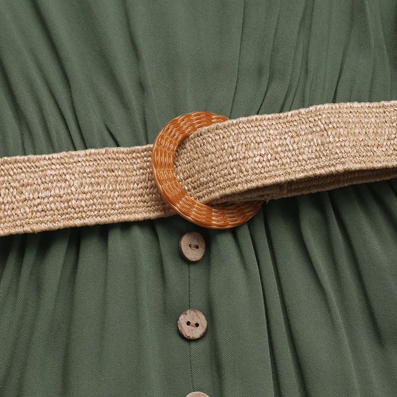 Women's Light Green Sleeveless Button Front Slit Maxi Dress Summer Boho Casual Party Vacation Belt Decor Slim Fit