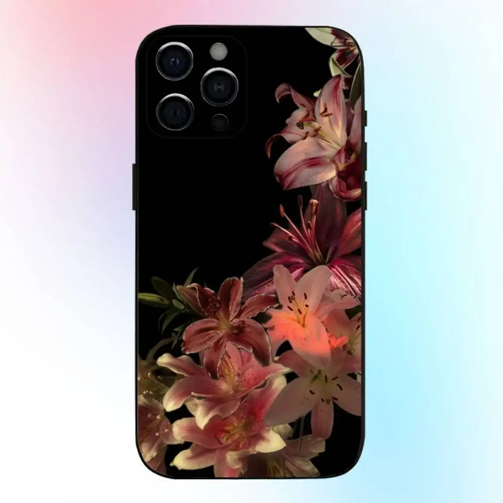 حافظة هاتف أنيقة على شكل زهرة الزنبق الأحمر لهاتف iPhone17,16,15,14,13,12,11 Plus، Pro Max غطاء أسود ناعم