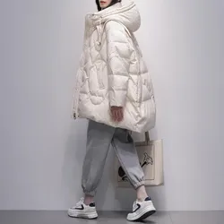 Apricot Warm Down Jacket Women's Winter 2025 New Korean version Hooded Loose Thick White goose down Coat Female Puffer Overcoat