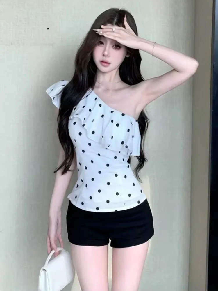 French Polka Dot One Shoulder Cami Top Women 2026 Summer Slim Fit Ruffle Hem Sexy Going Out Crop Tank Y2k Boutique Vest