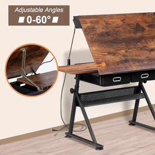 Adjustable Drafting Table with Stool, Tilting Drawing Desk Artist Table with Storage Drawers, Art Craft Workstation for view 3