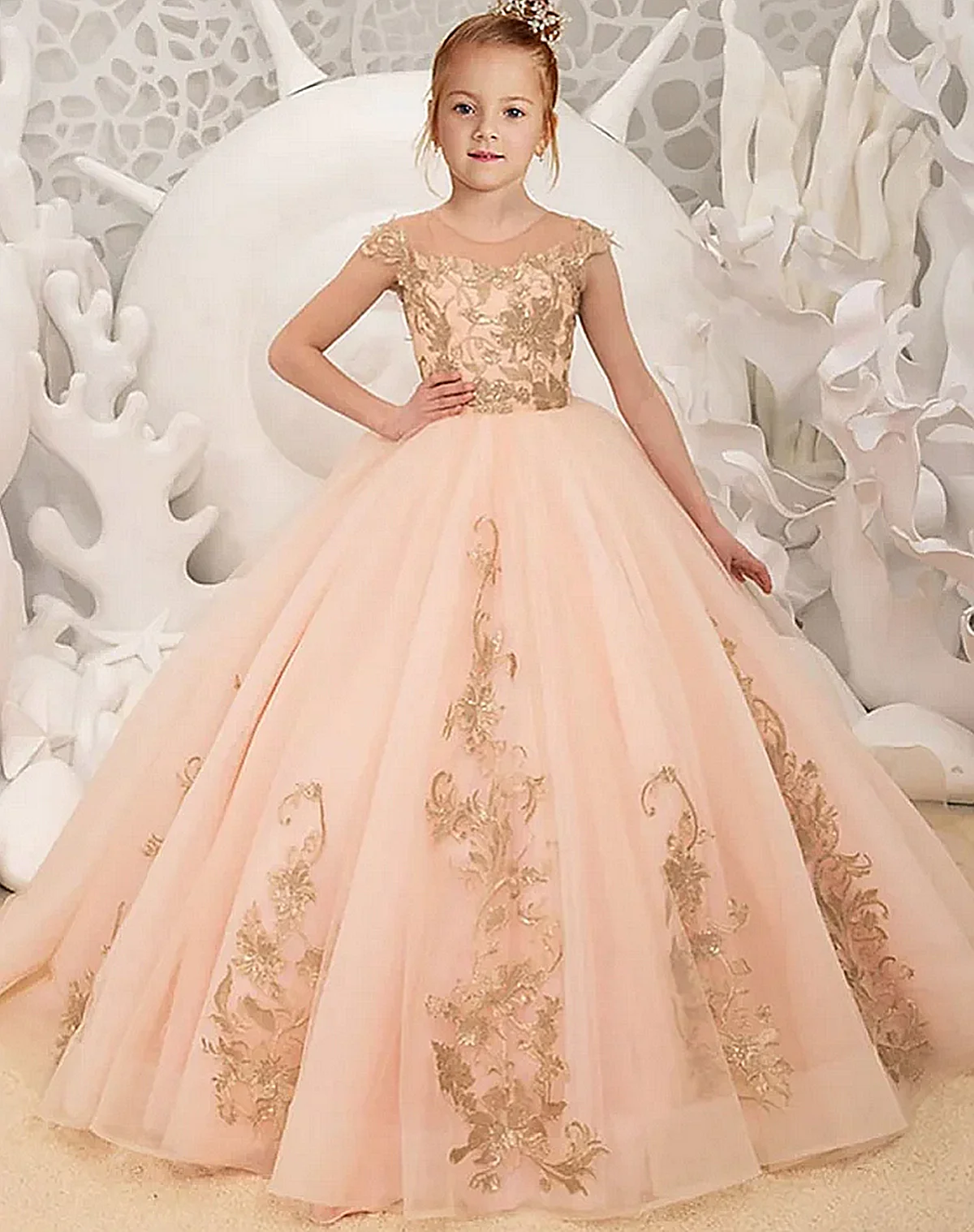 Peach Child Flower Girl Dresses for Weddings Appliques Bow Party Ball Gown Princess Tulle First Communion Birthday Pageant Dress