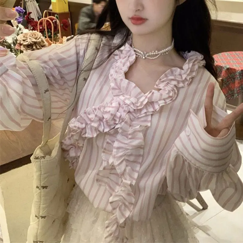 Female Clothing Pink Striped Shirts Casual V-Neck Spring Autumn Fashion Folds Patchwork Sweet Loose Korean Long Sleeve Blouse
