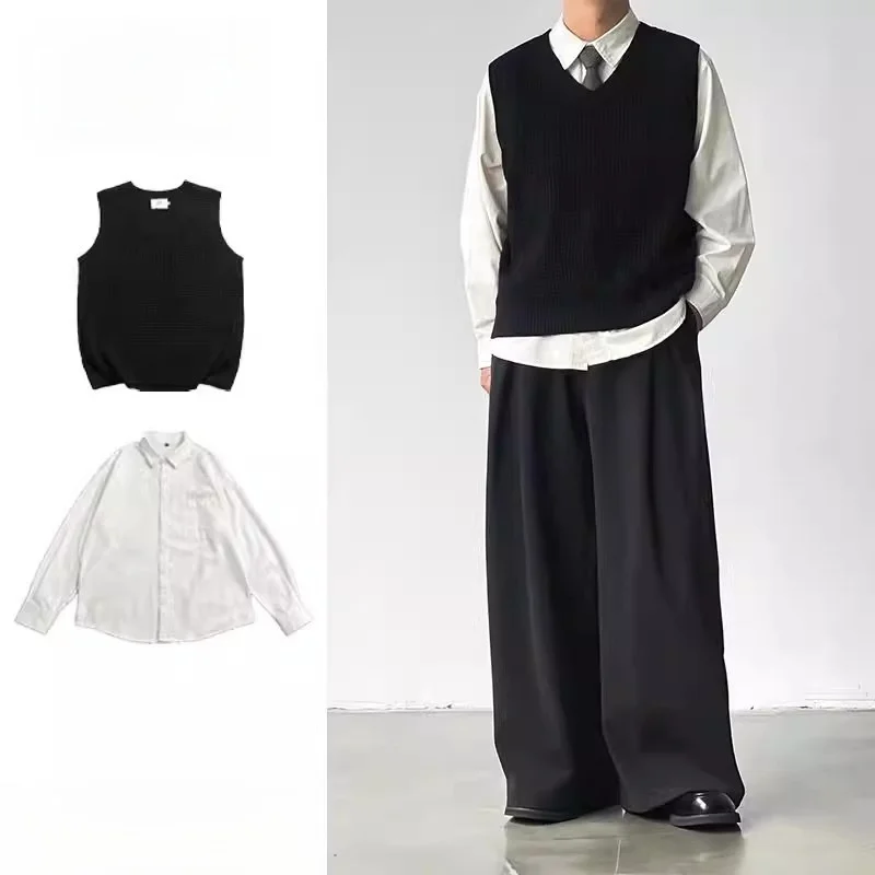 

Versatile Knitted Vest ex Autumn BF Svel V-Ne Japanese Sle Retro College Wind Long Sve Polyester Blend