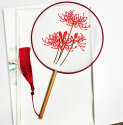 Chinese Round Hand Fan Vintage Printing Silk Fan Ancient Tassel Dance HandFan Cheongsam Tang Suit Wedding Party Accessories