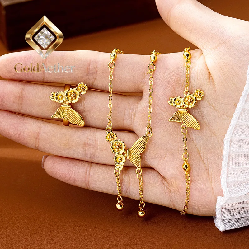 

GoldAether Luxury 24K 9999 Pure Gold real gold Women's Butterfly Love Flower Bracelet Ring Necklace suit