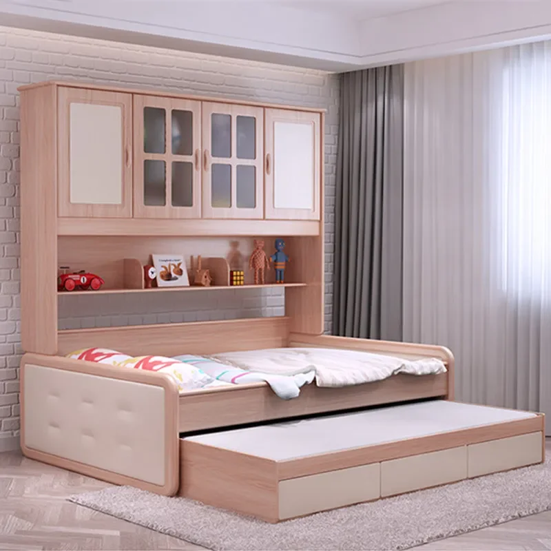 Solid Wood Kids Bed with Wardrobe and Storage Half Height Wall Mounted Hammock Combo for Boys Girls Bedroom Furniture
