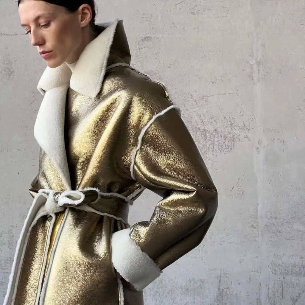 Damska kurtka flanelowa Jinhane, europejski styl, ciepła, ze skóry PU, dopasowany krój, długi płaszcz, elegancka odzież wierzchnia na zimę.