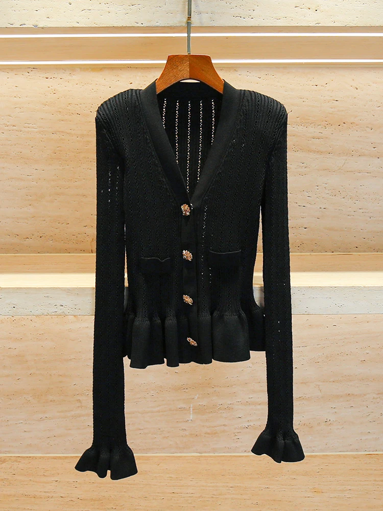

High-End Women's Knitted Slim Fit V-Neck Hollow out Top Hepburn Style Early Autumn Fashion Retro Commute Style Long Sleeve