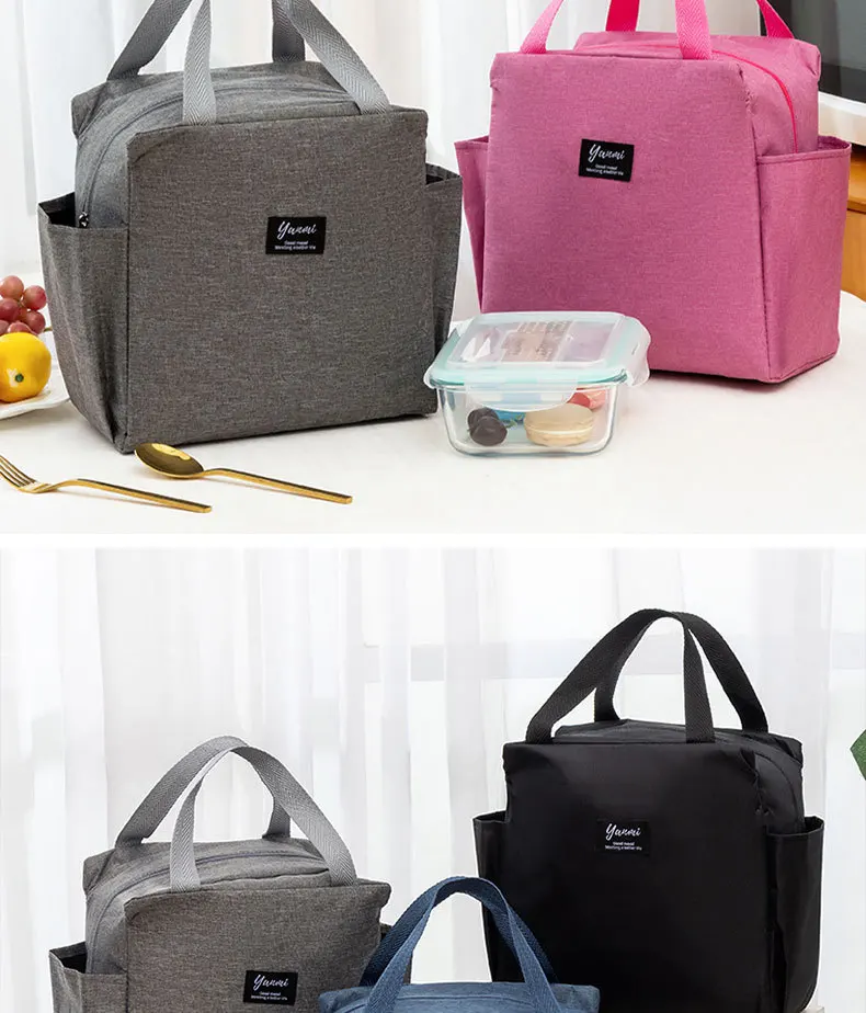 Double Pockets Portable Lunch Bag Lunch Box Insulated Canvas Tote Bag School Lunch Portable Dinner Box Picnic Food Storage
