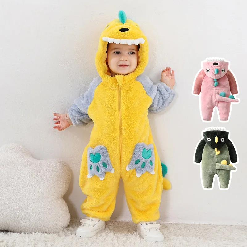 Piyama hangat untuk balita, Bodysuit dinosaurus hijau, piyama bermain peran hewan Halloween, kostum singa flanel bayi