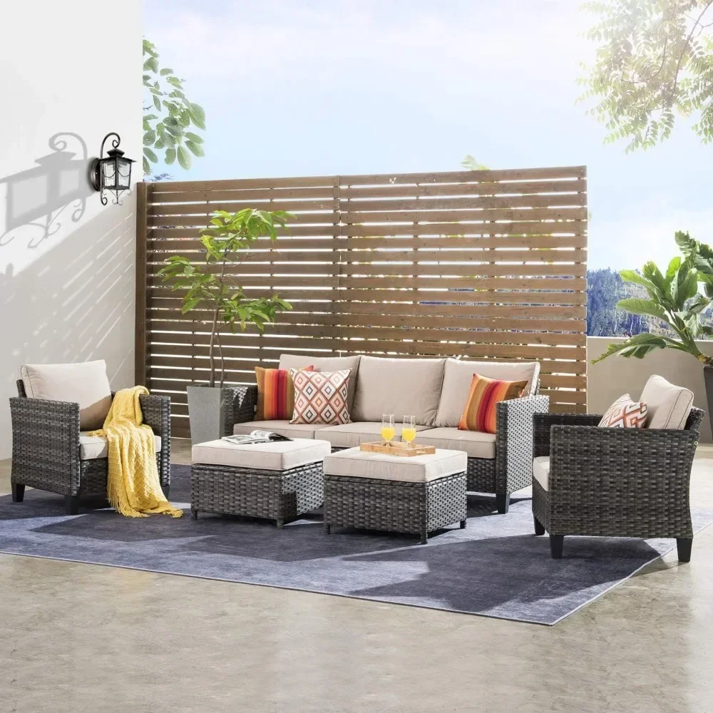 5 Pieces Outdoor Wicker Rattan Sofa Couch with Chairs, Ottomans and Comfy Cushions, Garden Backyard Patio Furniture Set