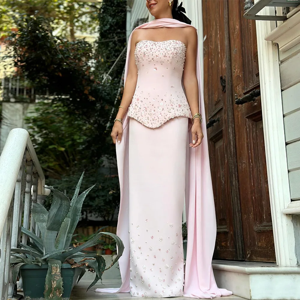 

Luxurious Evening Dress Sequined Pearls Crystal Sweetheart Column Evening Gowns With Scarf Sleeveless 2 Pieces Formal Party Gown