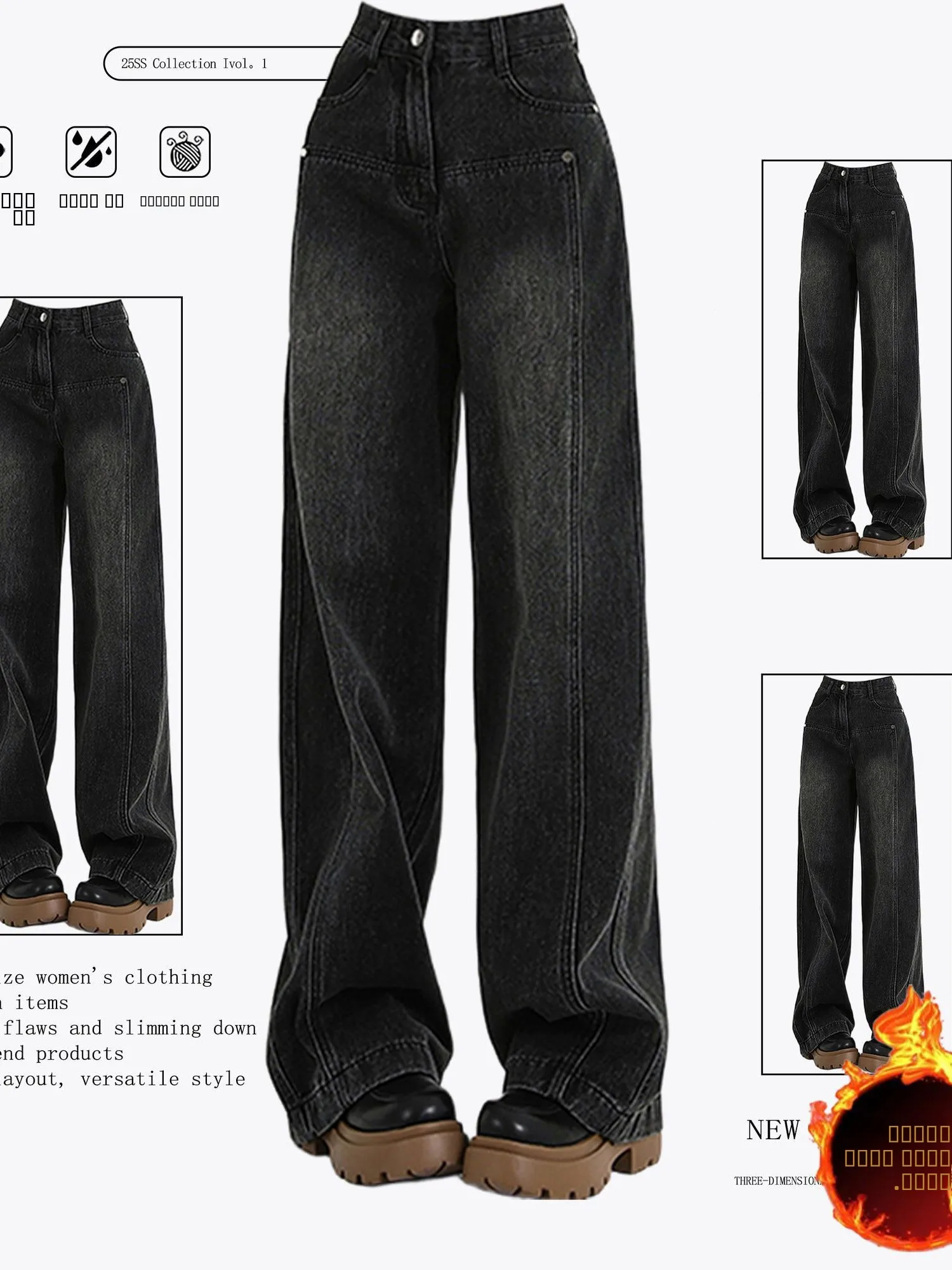 

Женские джинсы больших размеров (до 300 фунтов), винтажные, черно-серые, прямого кроя, на флисе, осенне-зимние, широкие, длинные, свободного кроя