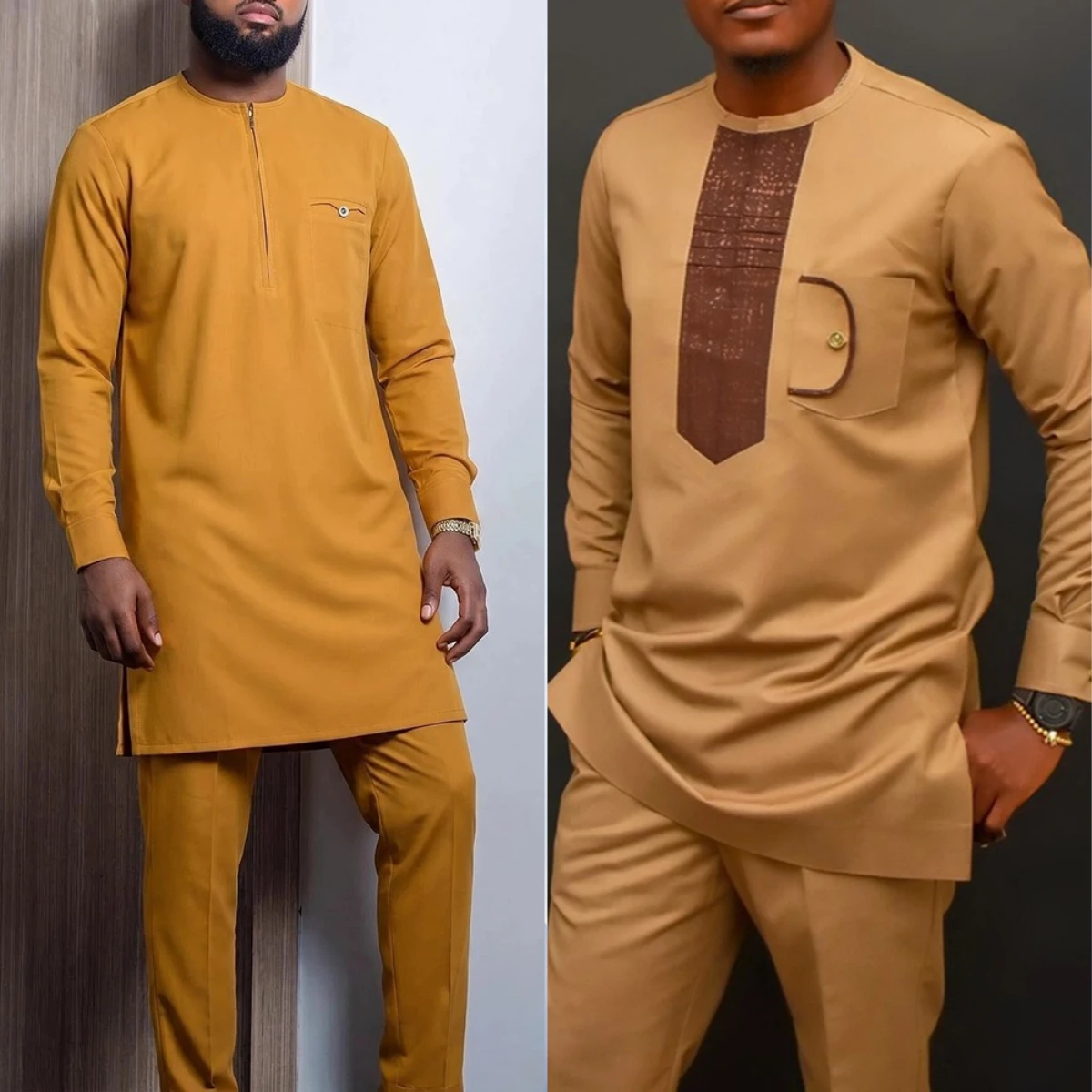 Traje tradicional africano Dashiki preto com gola redonda, ternos elegantes para homens, novo conjunto de 2 peças, roupas de marca de luxo, conjuntos completos de calças, roupas masculinas