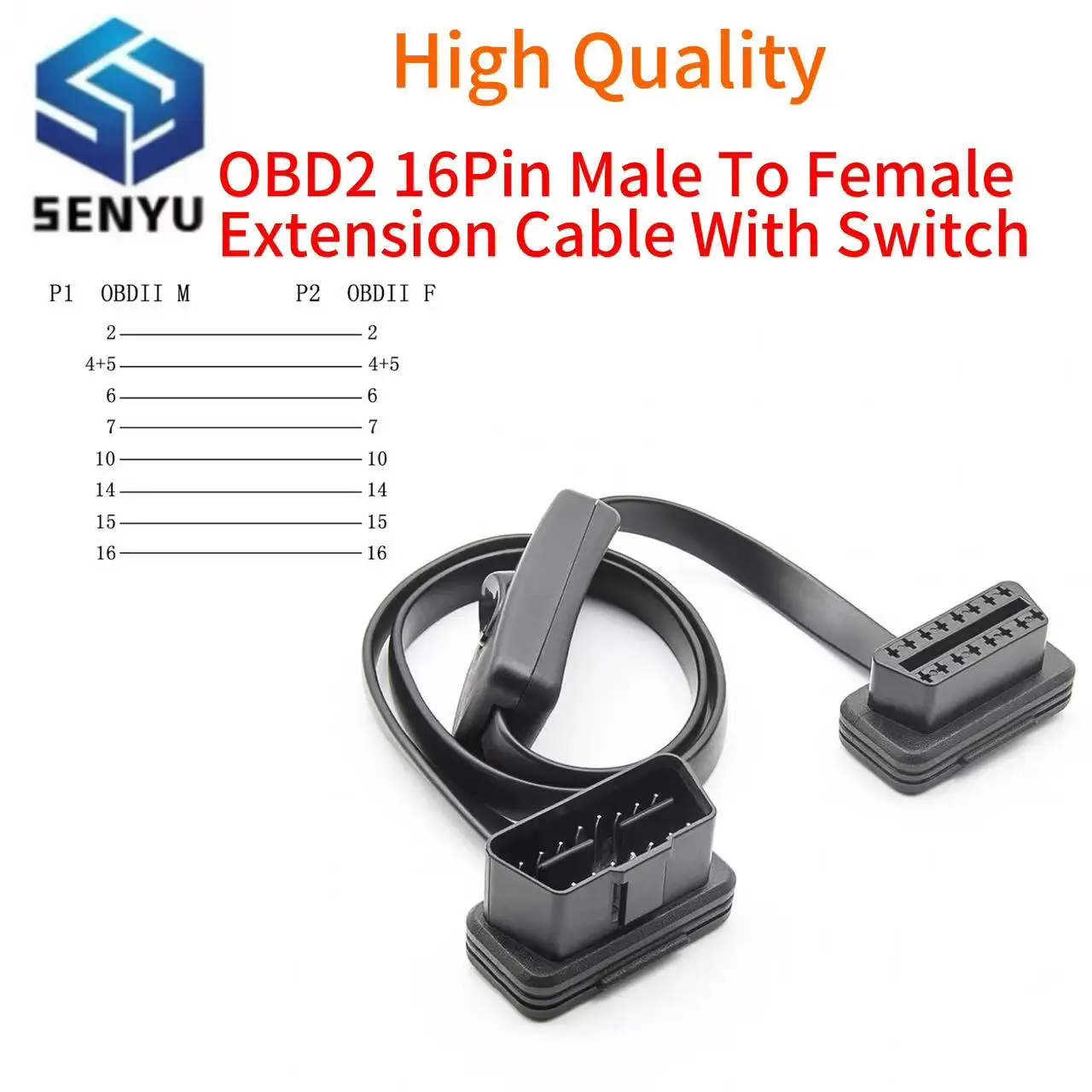 16pin 60cm OBD2 Connector Car Extension Cable Flat+Thin As Noodle OBD 2 Male To Female Adapter With Switch Auto Diagnostic Tool