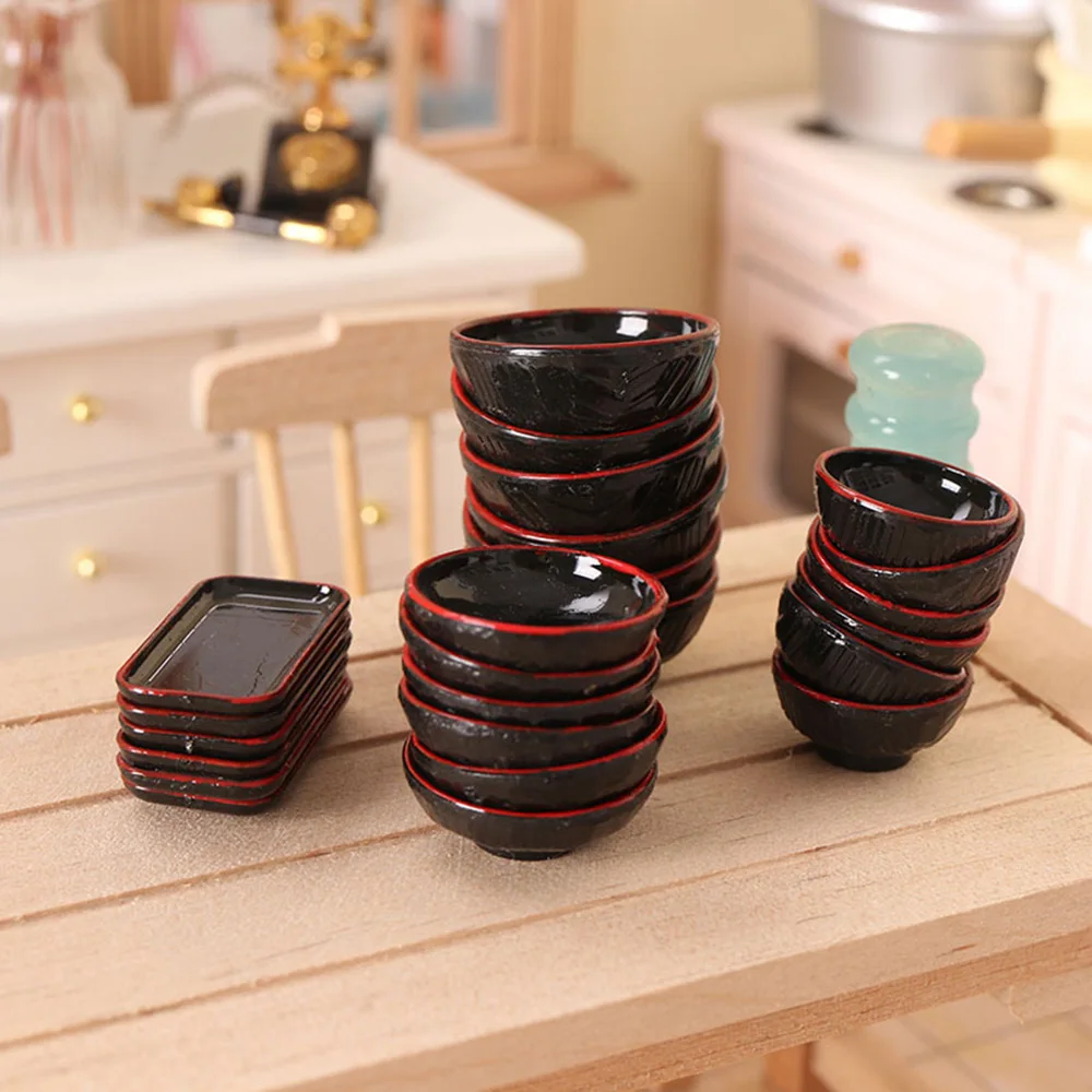 4PC Dollhouse Miniature Black Dishes For Eating Playing Model Scense Props Home Decors