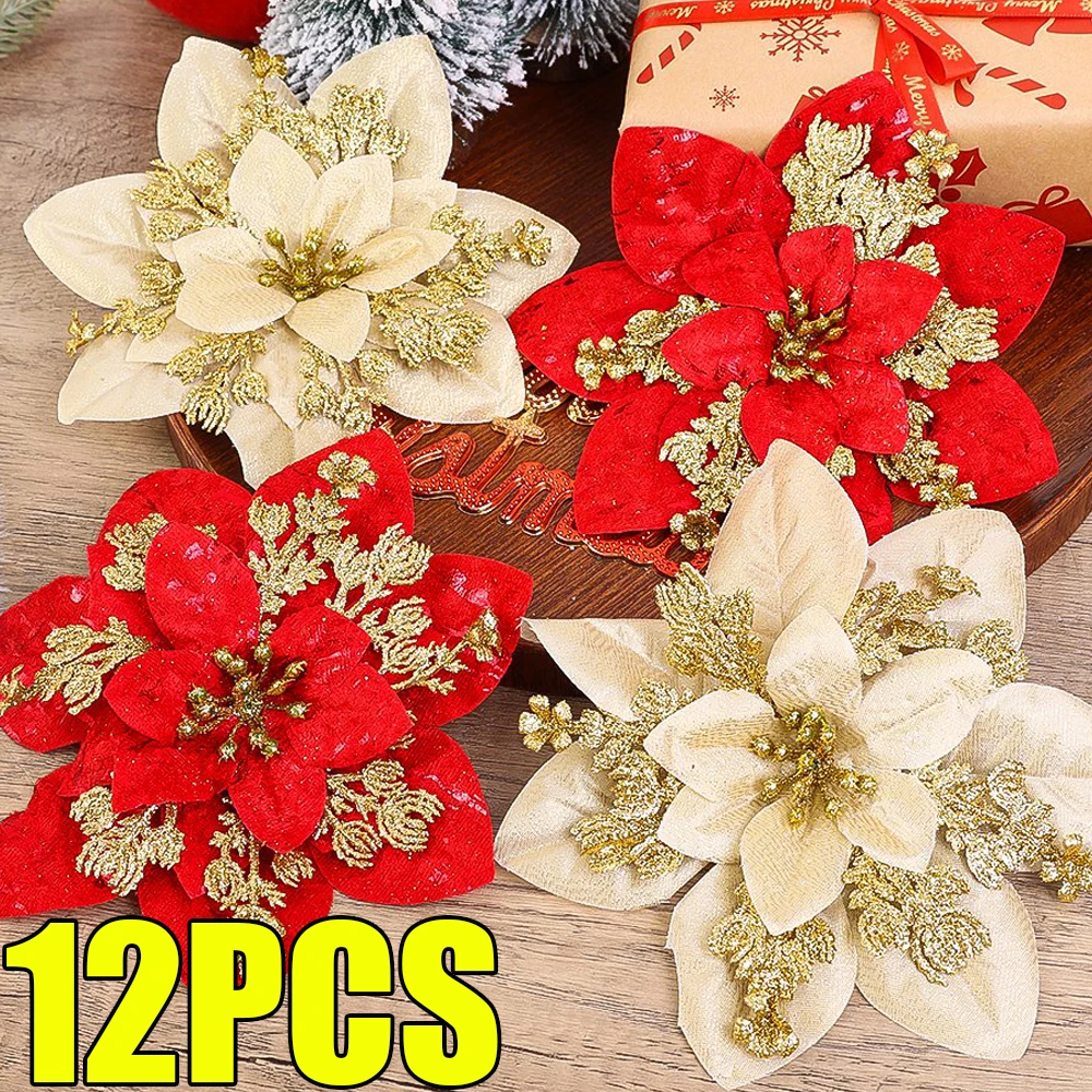 Large Christmas Glittery Simulation Flowers Sequin Floral Xmas Tree Decor Flowers Christmas New Year Party Home Decor Ornament