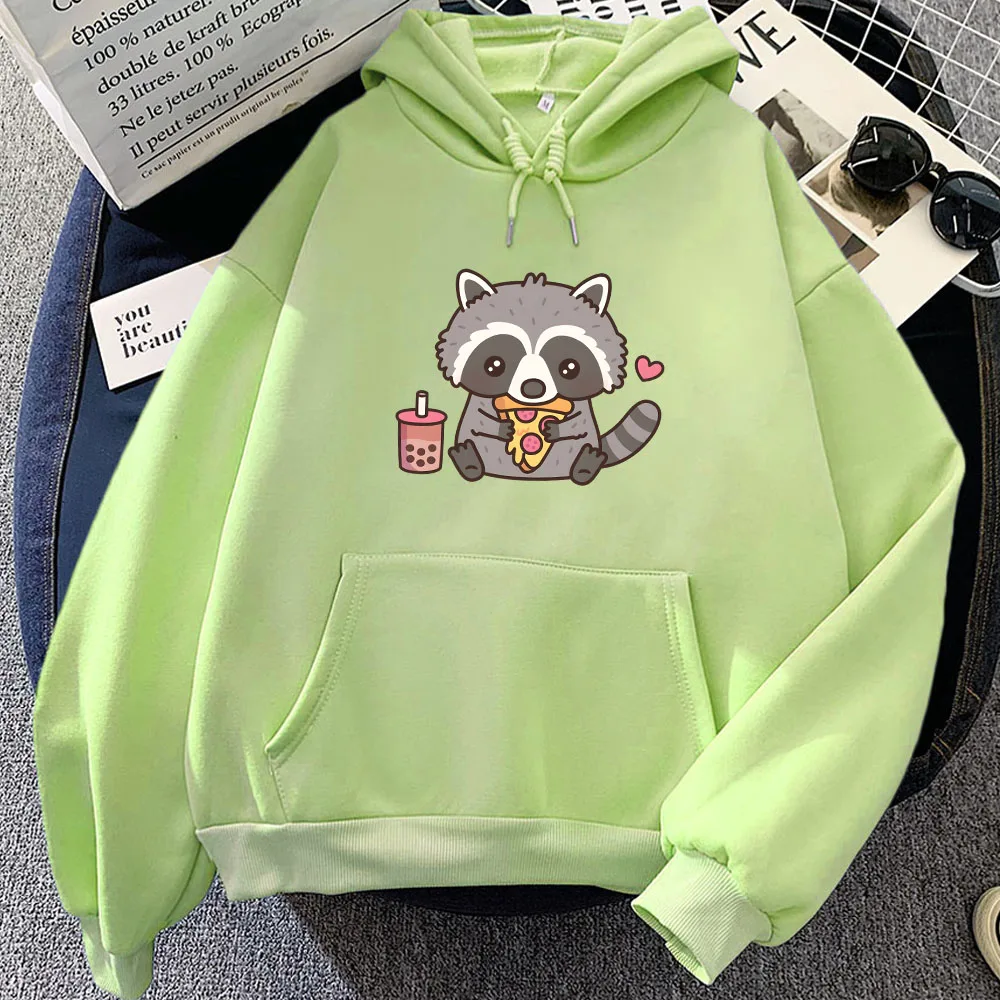 Cute Raccoon Eating Bubble Milk Tea and Pizza Hoodies Kawaii Cartoon Women Sweatshirts Aesthetic Moletom Sudaderas Girls Hoody