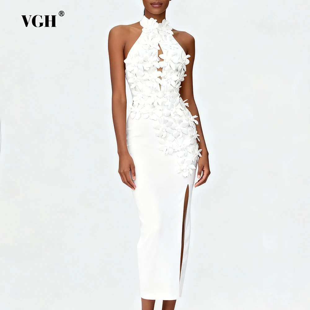 

VGH Chic Spliced Appliques Solid Slim Fit Dresses For Women Round Neck Sleeveless High Waist Temperament Long Dress Female New