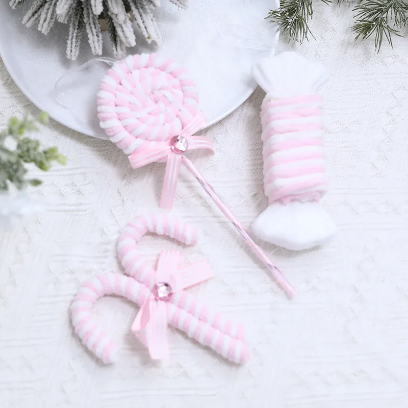 Christmas Ornaments Pink Candy Cane Lollipop Christmas Velvet Pendants Hanging Ornaments for Xmas Tree Party Decoration