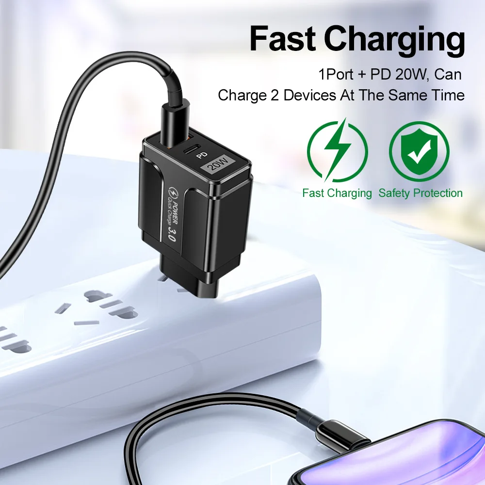 PD 20W USB Type C Charger Fast Charging QC3.0 Portable Charger 2 In 1 Power Adapter Dual Ports Quick Charging Wall USB Charger