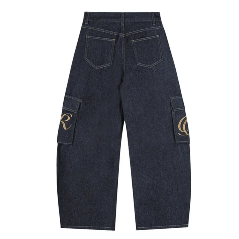 Salopette en jean américain à jambes larges pour femmes, pantalons Cargo multi-poches pour filles, décontracté, assorti avec tout, Slim, tendance, bleu foncé, Hipste de rue