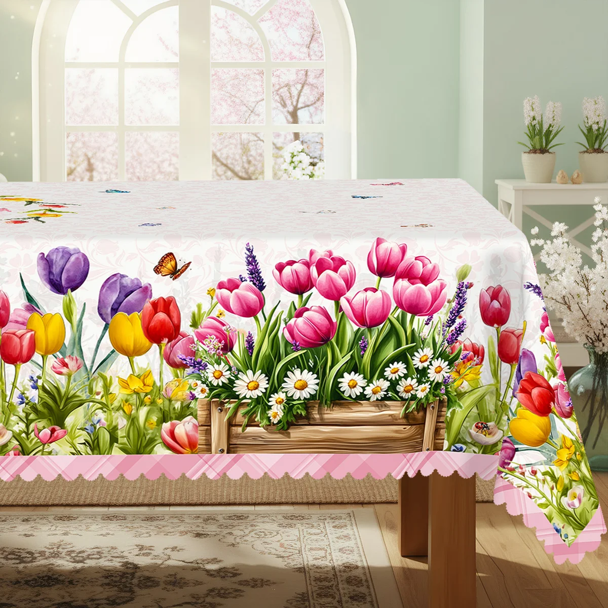 Autumn-themed tablecloth, durable polyester tablecloth, buffalo checkered with butterflies and tulips