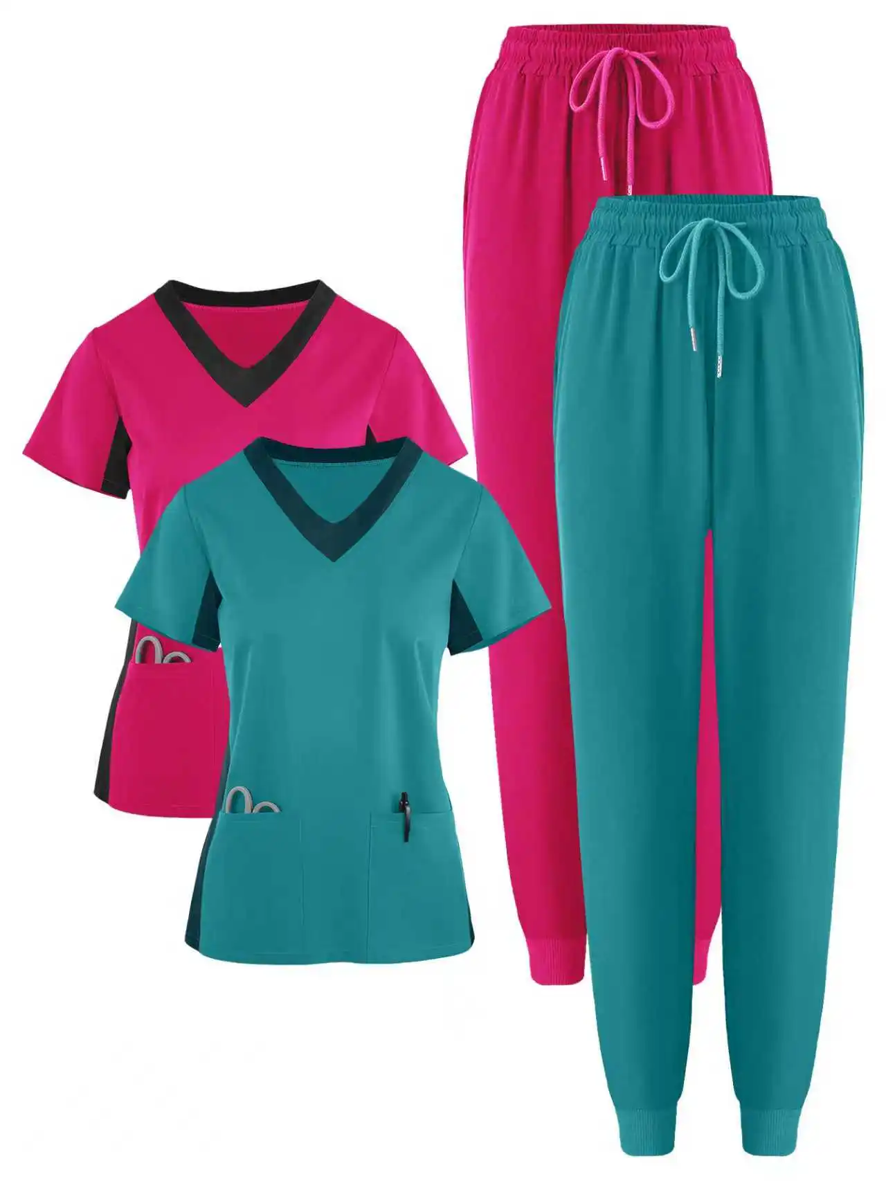 

4-Piece Plus Size Stretch Medical Uniform Set with V-Neck Short-Sleeve Top and Drawstring Pants, Featuring Functional Pockets