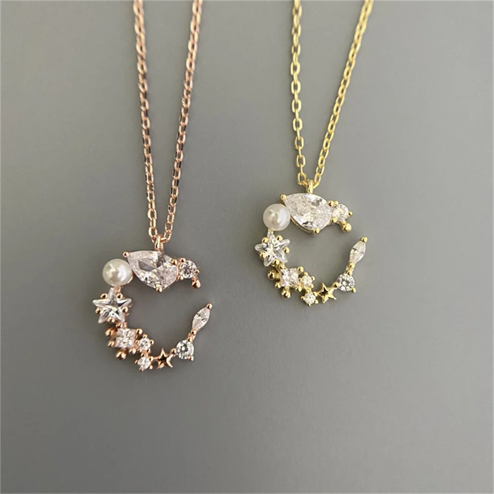 

925 Sterling Silver Moon Star Pearl Diamond Chain, European American INS Style, Women's Niche Personality Jewelry