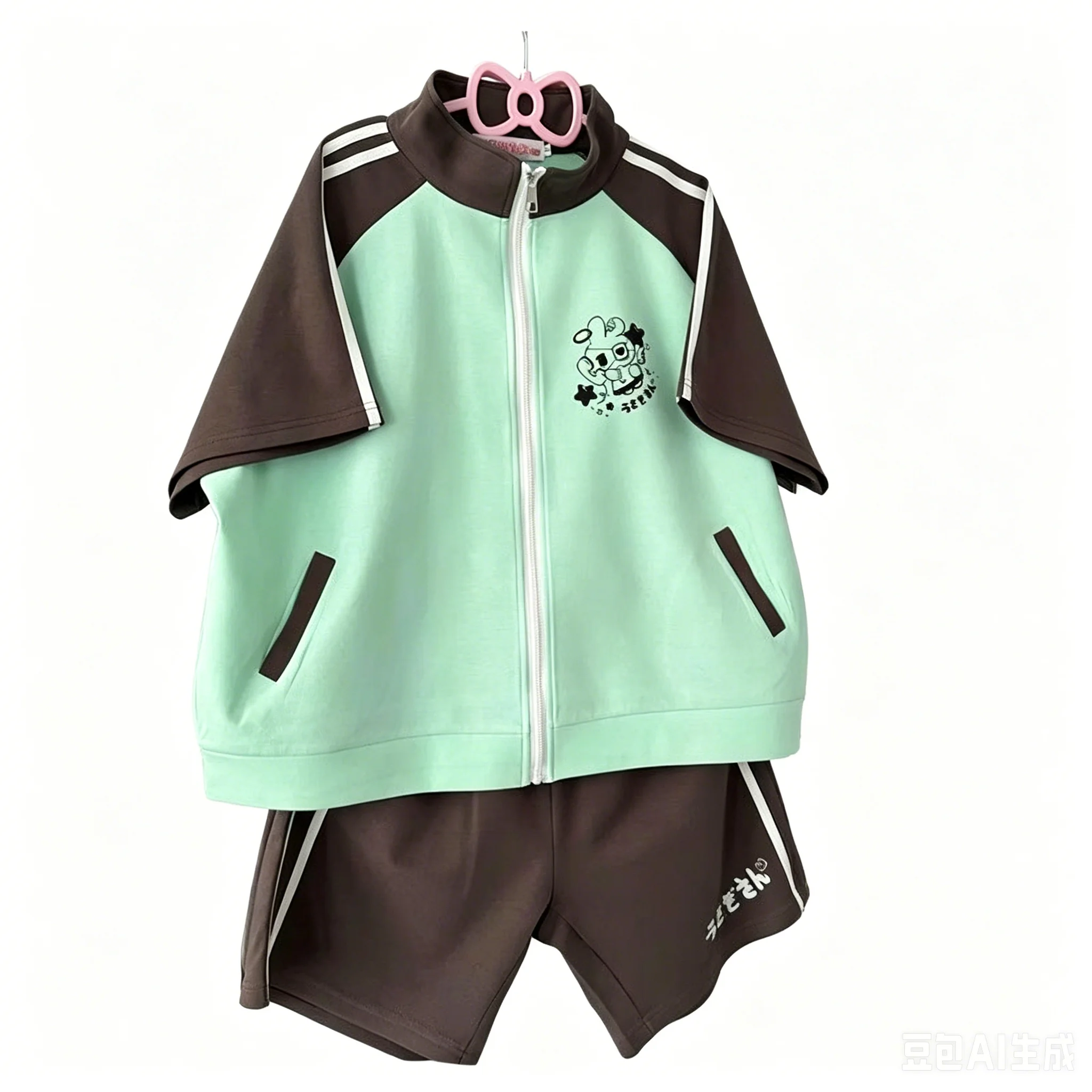 Harajuku Japan Cute Puppy Casual Sports Set Loose Short Sleeve Zipper Cardigan Shorts Contrast Color 2 Pcs Sets Women Y2k Suits