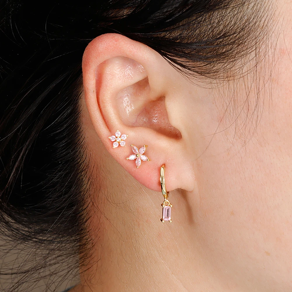 3pcs Stainless Steel Square Pink Zirconia Earrings Set For Women Small Helix Screw Cartilage Piercing Party Jewelry Accessories