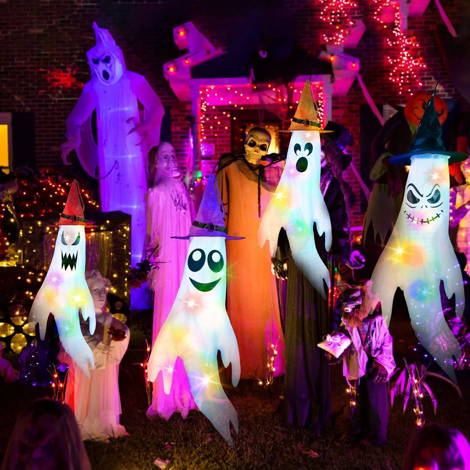 Halloween Hanging Decoration Set - 4 Ghost Windsocks, 4 Witch Hats & 4 Colorful LED String Lights (Batteries Included) - 43.3