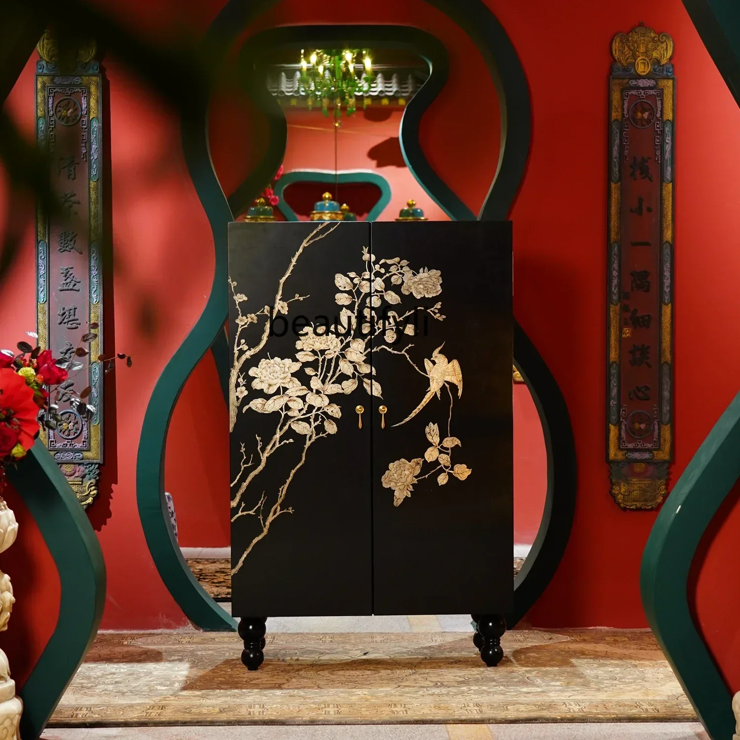Q181 New Chinese solid wood hand-painted flower and bird picture living room entrance locker