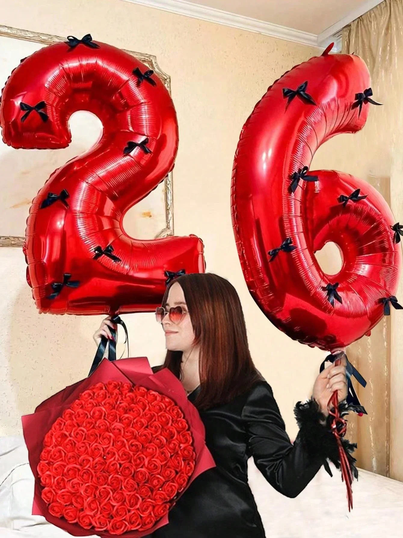 7 Stück/Set 40 Zoll rote Zahlenballons, schwarze Schleife Nummer 0-9 geformte Luftballons für Geburtstagsfeier, Jubiläumsdekoration – Detail 2